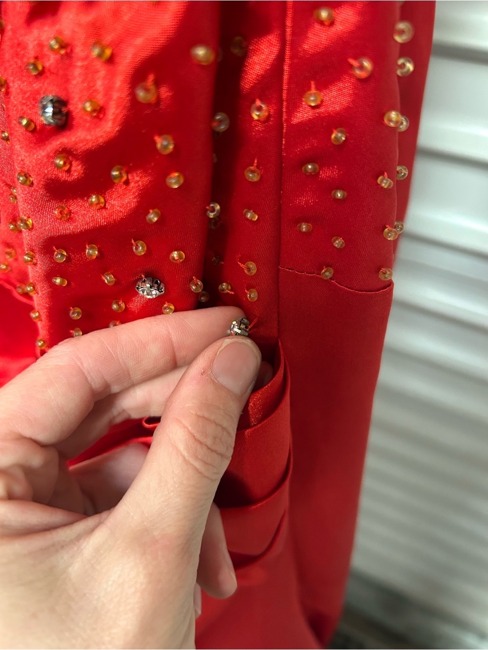 Red Satin Strapless Formal Gown Beaded Bodice Ruched Maxi Dress Prom Evening M - Picture 3 of 8